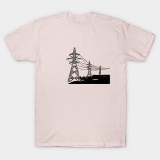 Electricity Pylons Linocut Silhouette on Pink T-Shirt